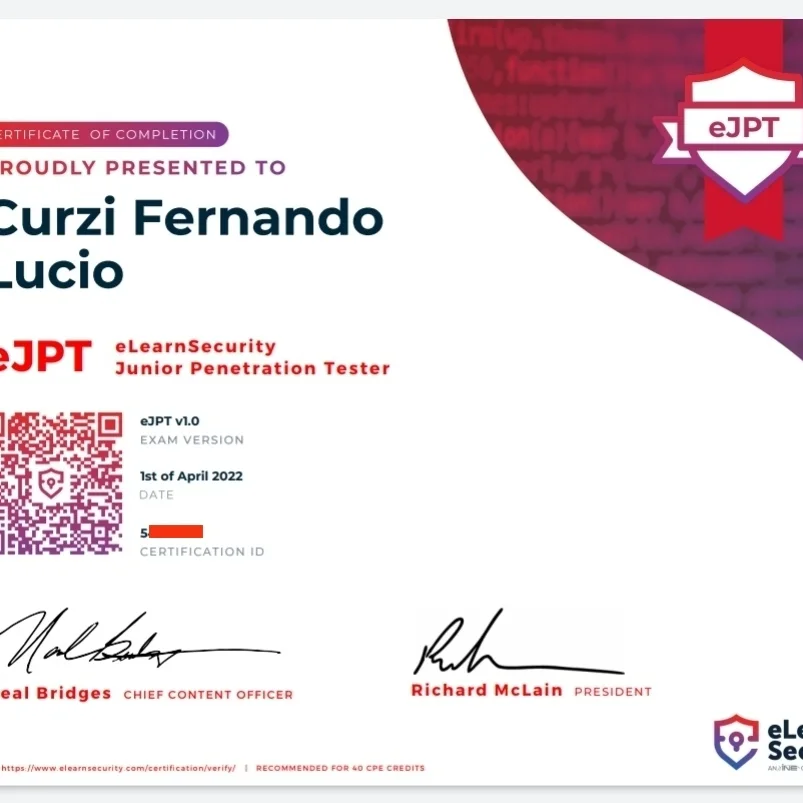 Certificato eJPT v1.0 di eLearnSecurity rilasciato a Fernando Lucio Curzi