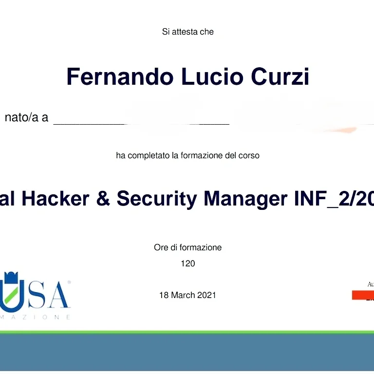 Attestato USA Formazione — corso Ethical Hacker & Security Manager, 120 ore