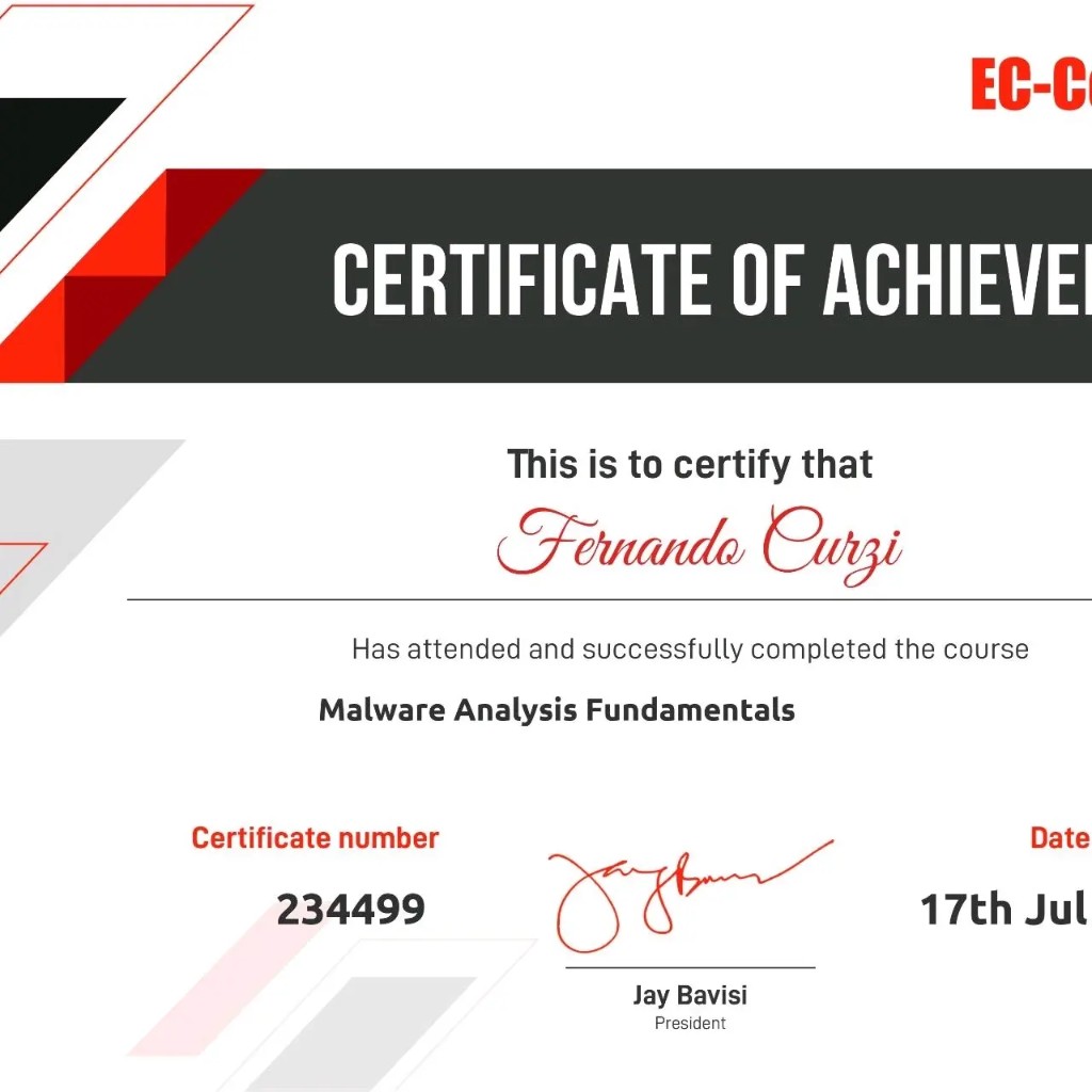 Certificate of Achievement EC-Council — Malware Analysis Fundamentals, n. 234499